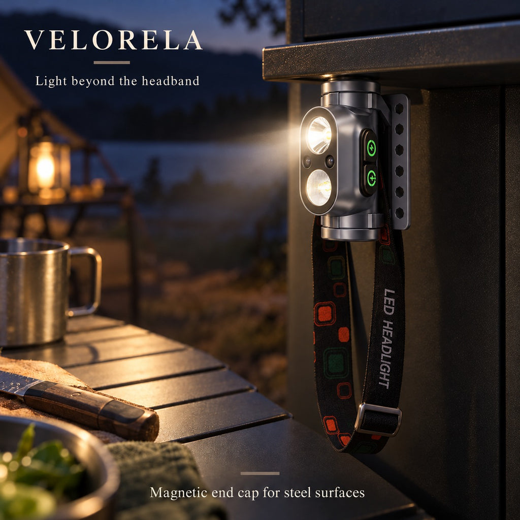 Headlamp attached by its magnetic end cap underneath a steel shelf.