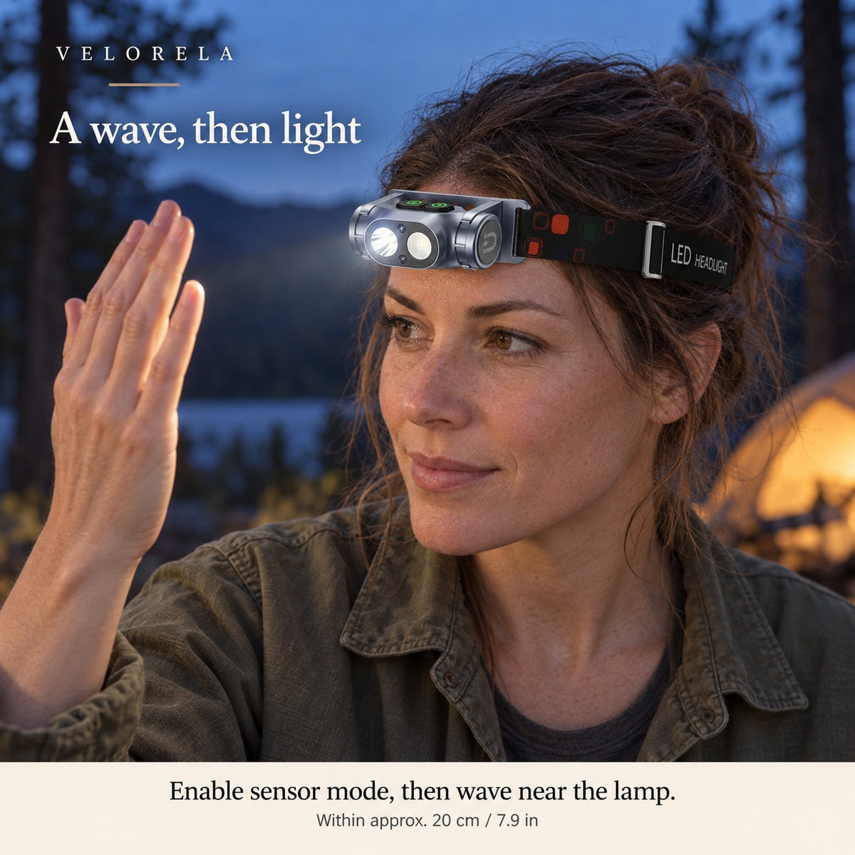 Camper waving near the front of the lamp with sensor mode enabled.