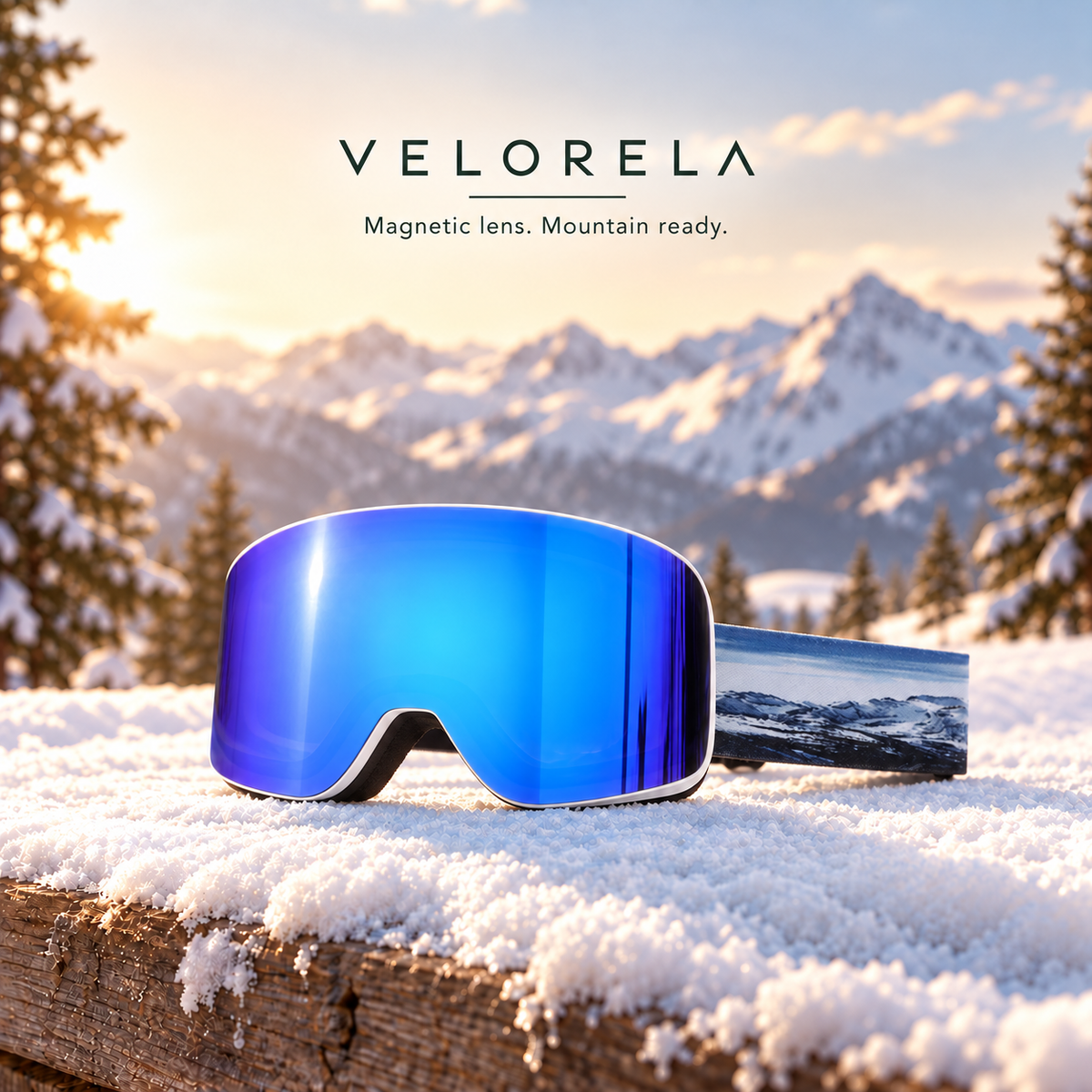 Velorela Blue / Snow Mountain magnetic snow goggles with the matching white frame and printed strap in an alpine snow scene