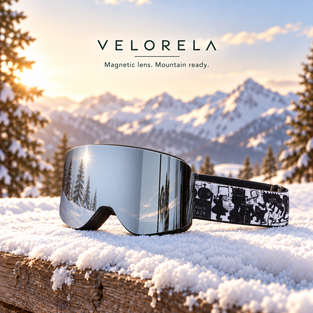 Velorela Silver / Temple magnetic snow goggles with the matching black frame and printed strap in an alpine snow scene