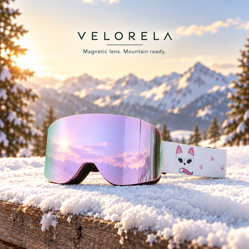 Velorela Iridescent Purple / Snow Fox magnetic snow goggles with the matching pink frame and printed strap in an alpine snow scene