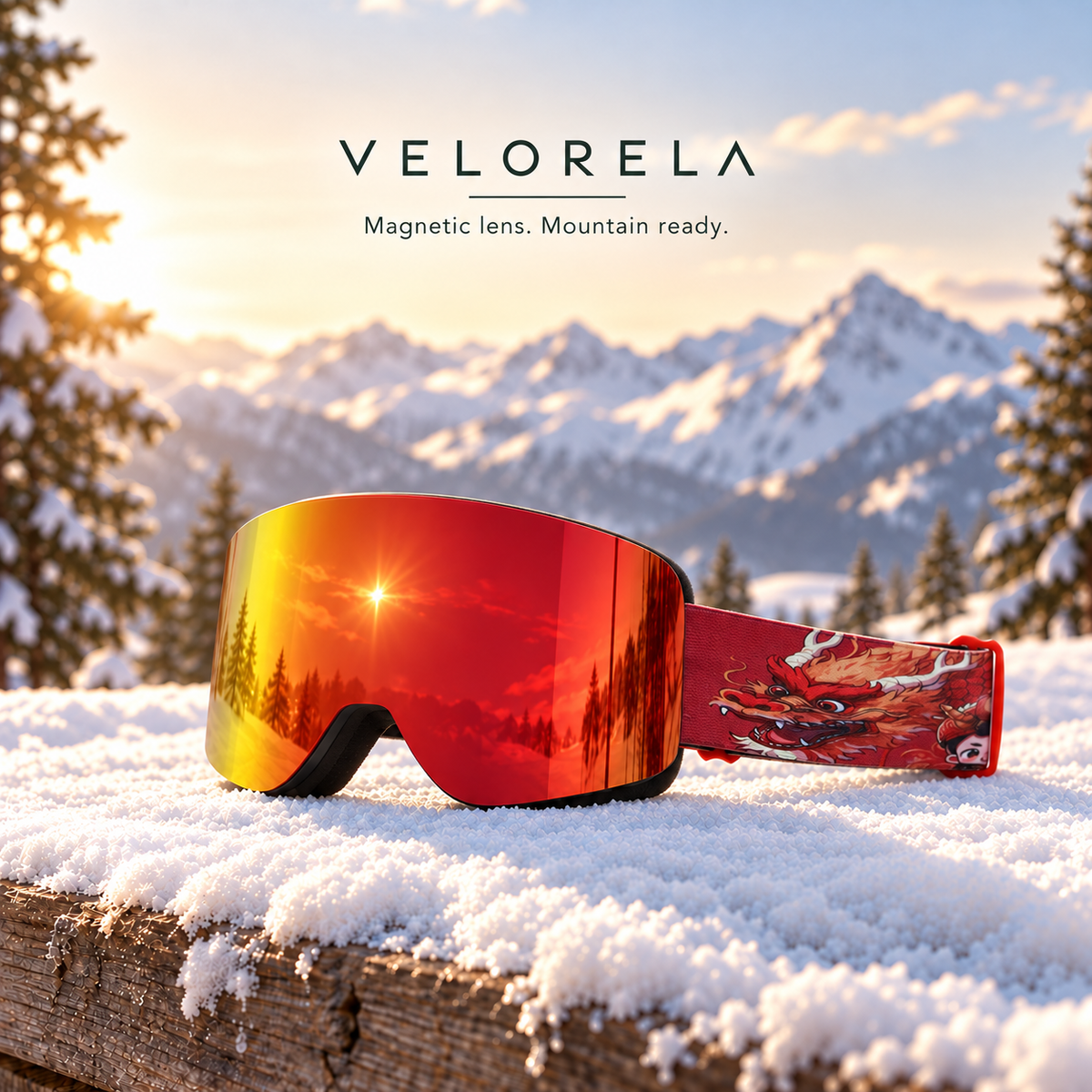 Velorela Red / Dragon magnetic snow goggles with the matching red frame and printed strap in an alpine snow scene