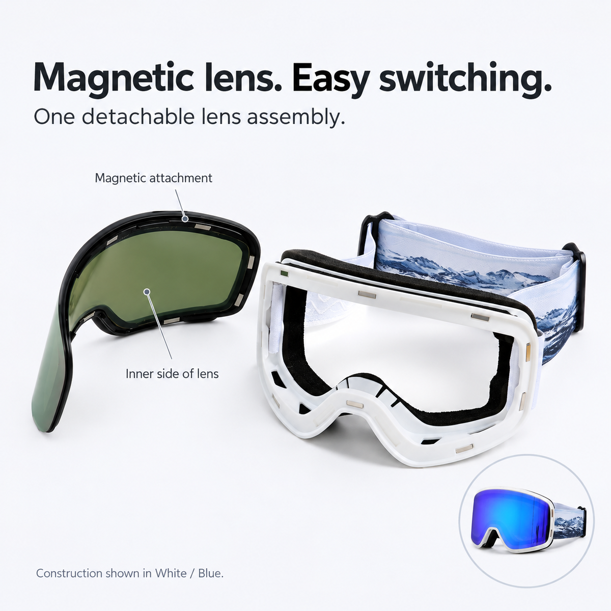 White snow goggle frame beside its intact detached magnetic lens assembly, showing the inner lens surface