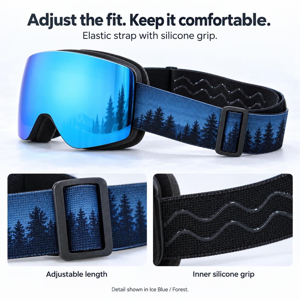 Forest-print snow goggle strap with adjustment slider and inner silicone grip detail
