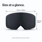 Gray snow goggles with approximate width 18 cm and height 10.3 cm