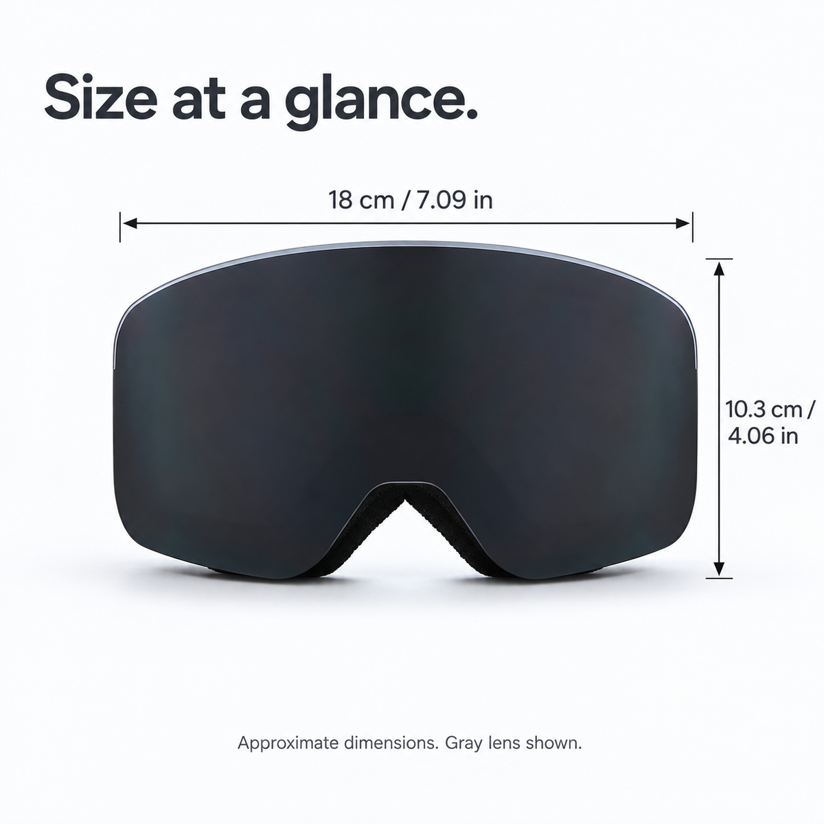 Gray snow goggles with approximate width 18 cm and height 10.3 cm
