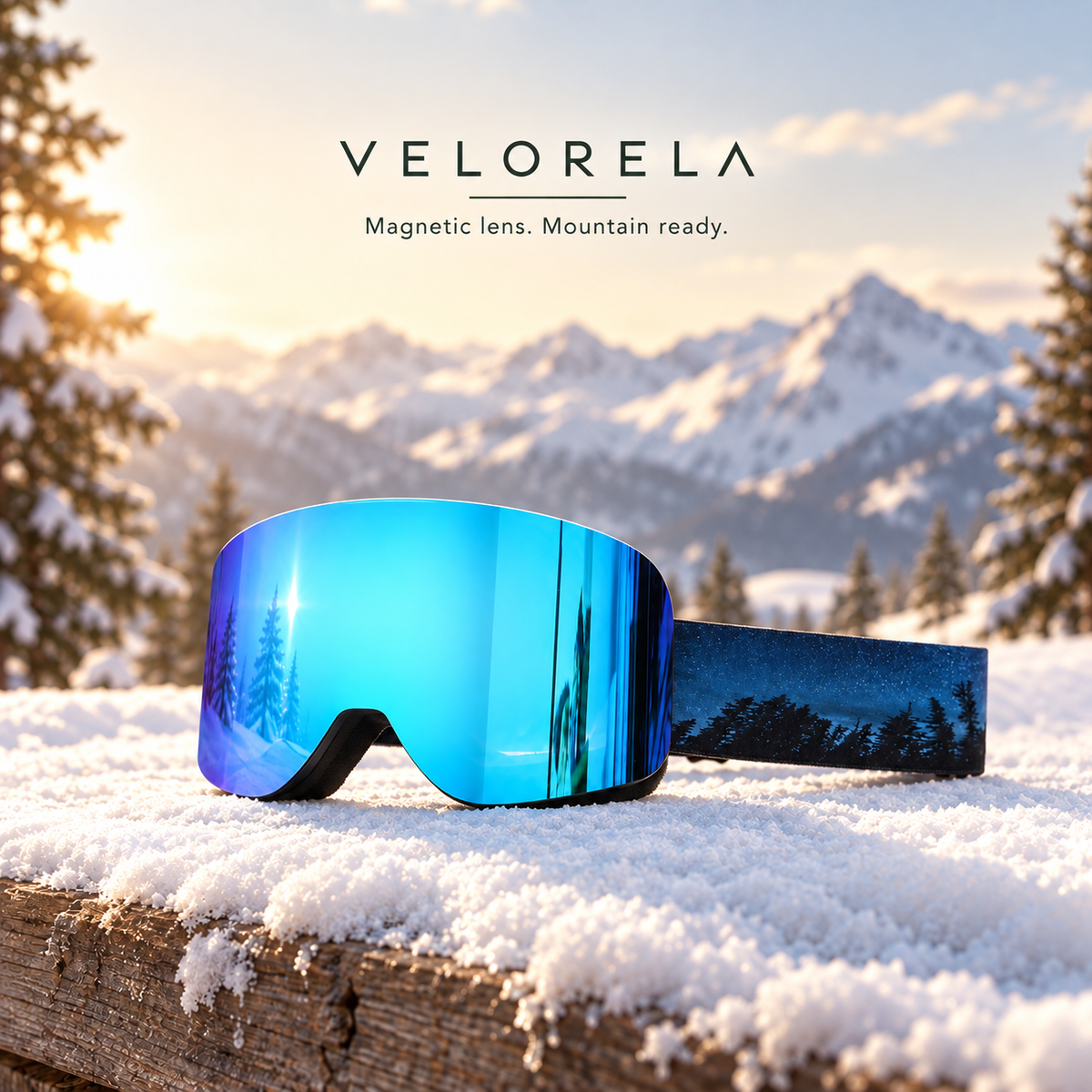 Velorela Ice Blue / Forest magnetic snow goggles with the matching black frame and printed strap in an alpine snow scene