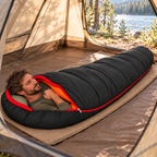 Tent lifestyle scene demonstrating Black / Red sleeping bag; scene props not included