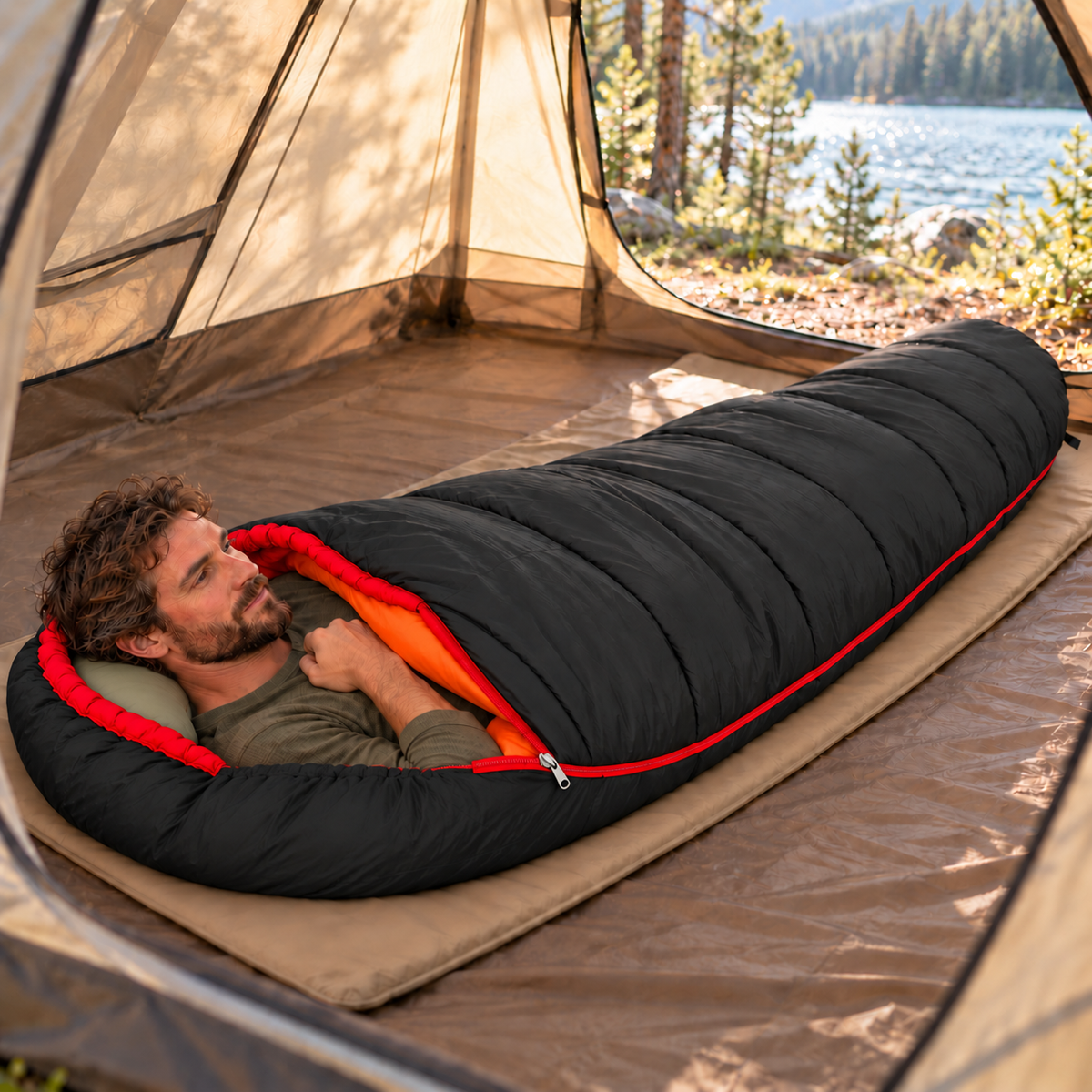 Tent lifestyle scene demonstrating Black / Red sleeping bag; scene props not included