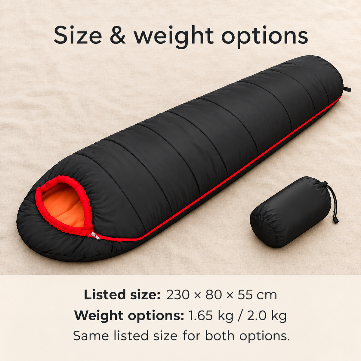 Sleeping bag listed size and two weight options