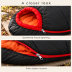 Gathered hood rim and side zipper details, Black / Red demonstration