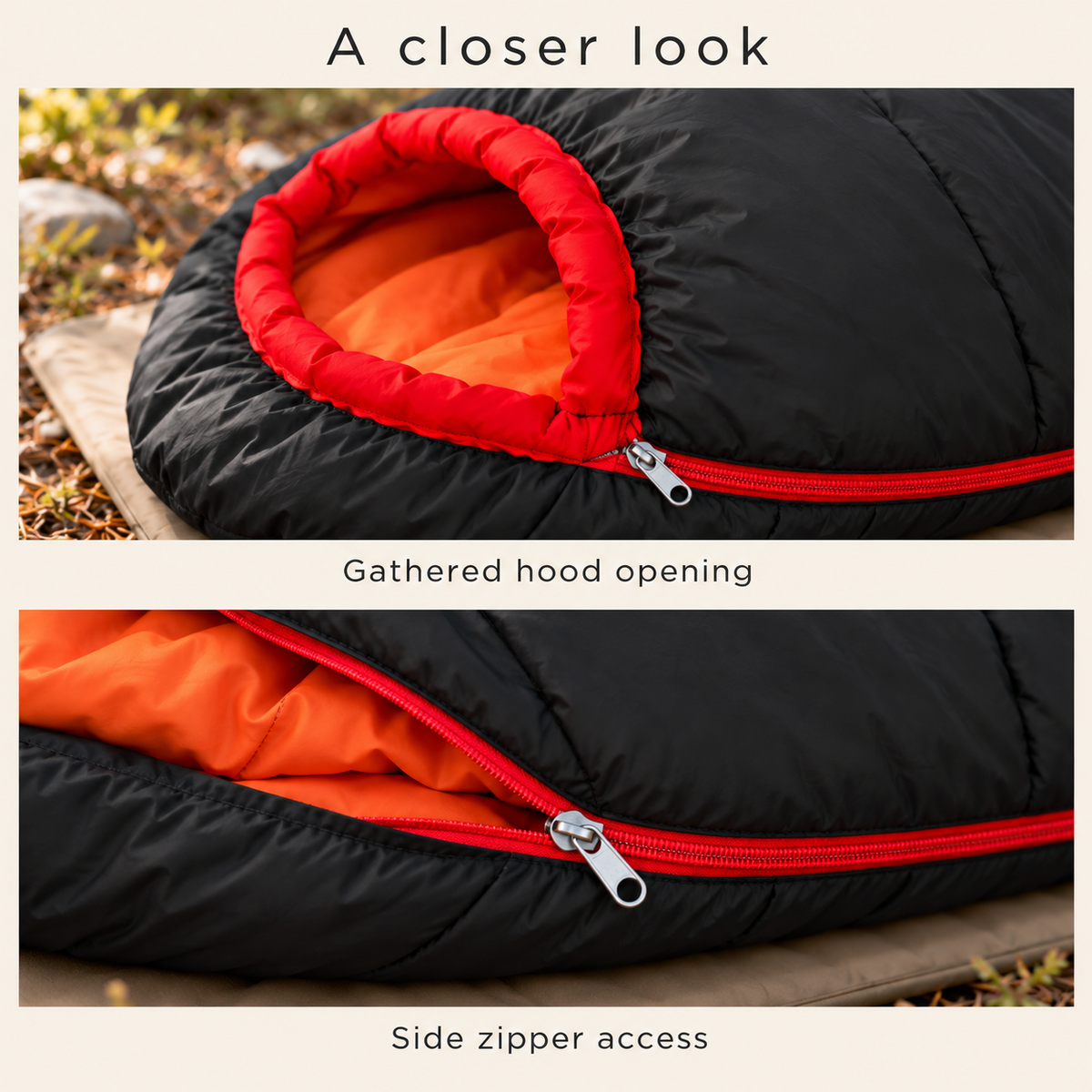 Gathered hood rim and side zipper details, Black / Red demonstration