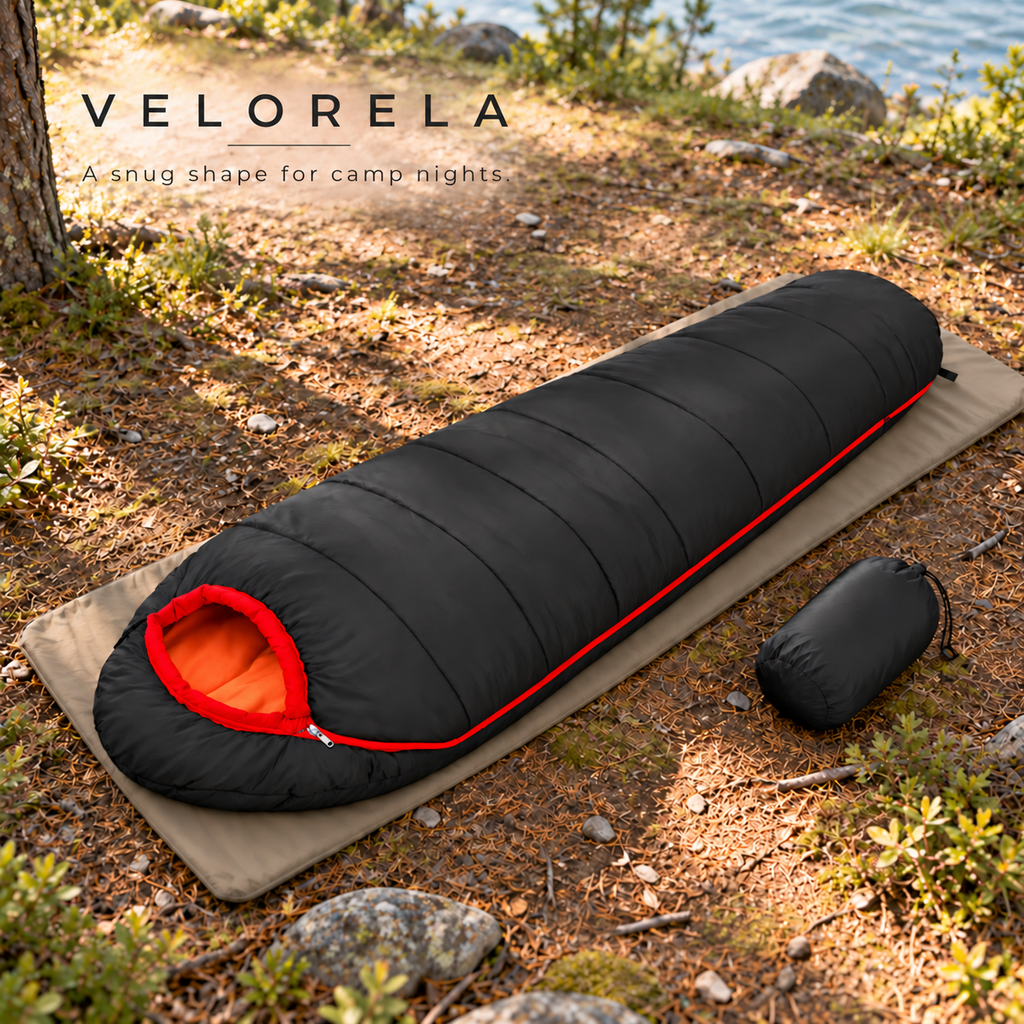 Black / Red mummy sleeping bag with carry sack at a lakeside campsite