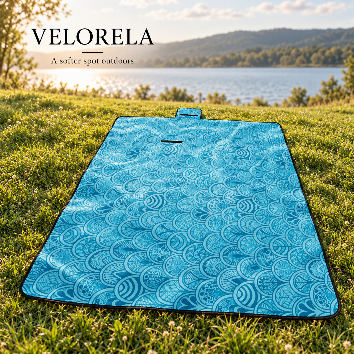 Ocean Shells fleece picnic blanket — lakeside hero