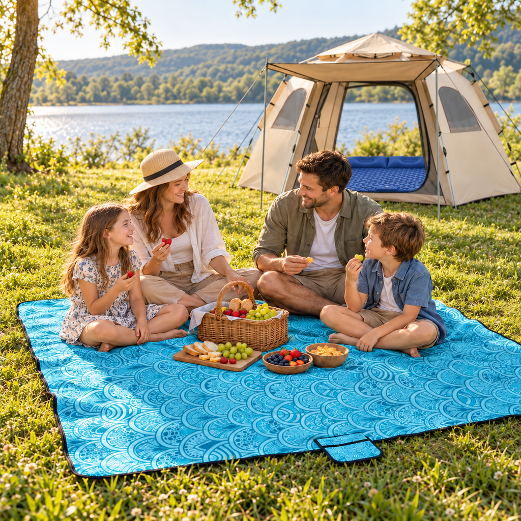 Family picnic on Ocean Shells blanket, with beige tent and Blue double pad as styling props