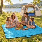 Family picnic on Ocean Shells blanket, with beige tent and Blue double pad as styling props