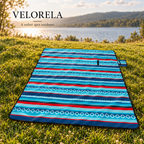 Boho Stripes fleece picnic blanket — lakeside hero with original side closure flap