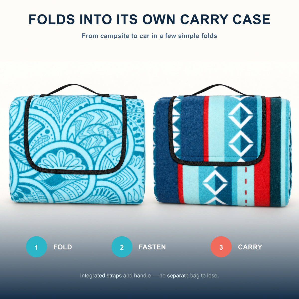 The two picnic blanket patterns folded into integrated carry bundles