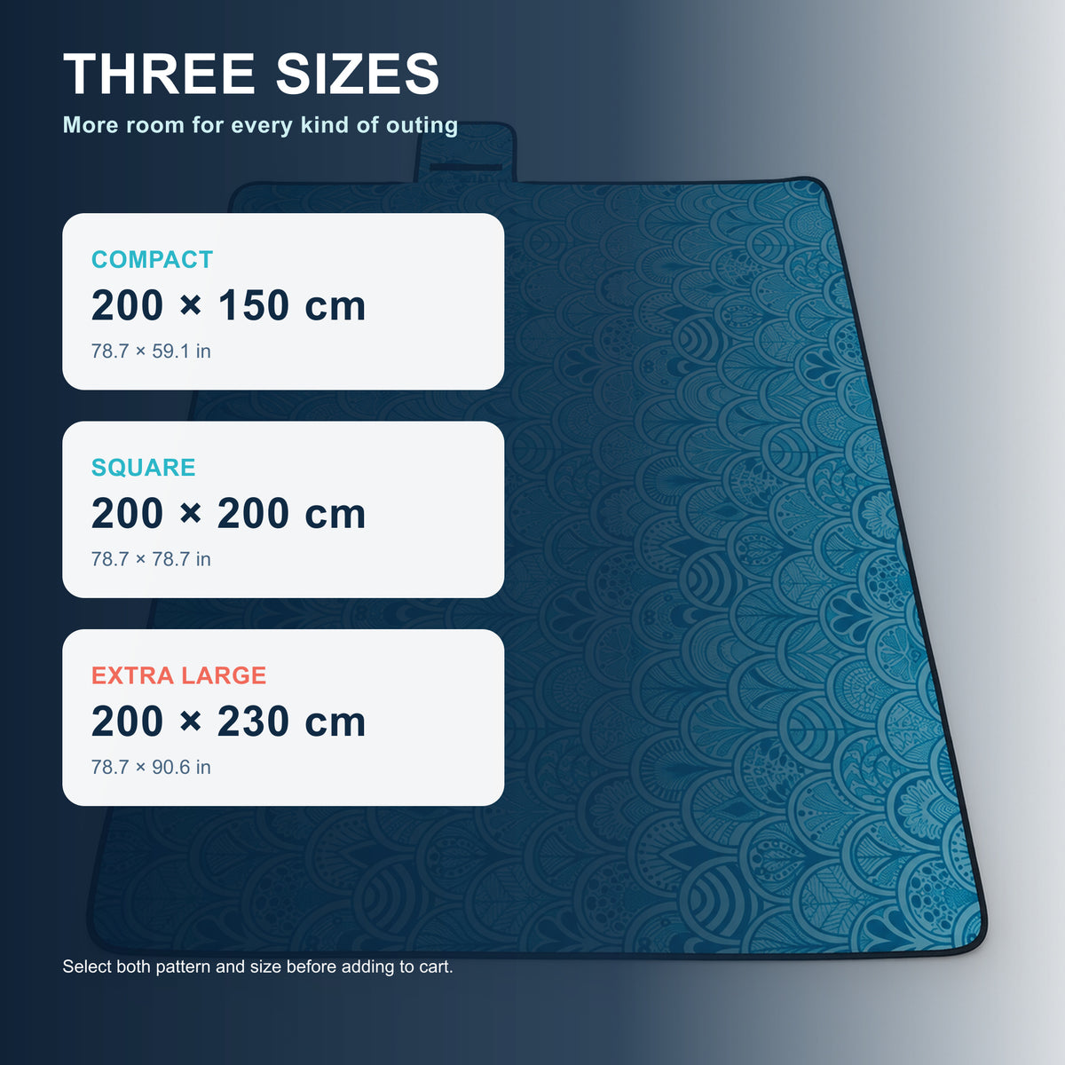 Picnic blanket sizes: 200 × 150, 200 × 200, and 200 × 230 cm