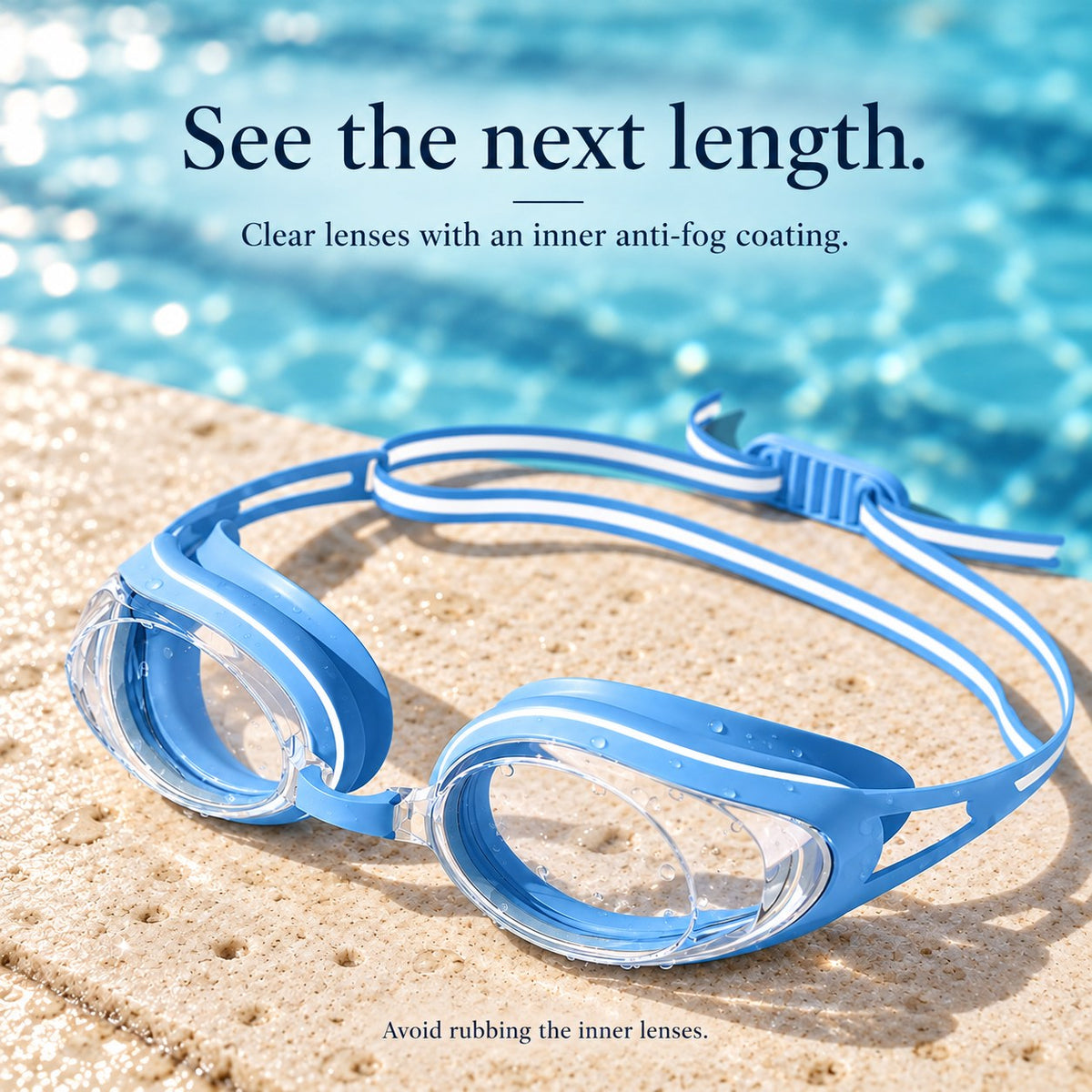Sky Blue swimming goggles with clear non-mirrored anti-fog lenses