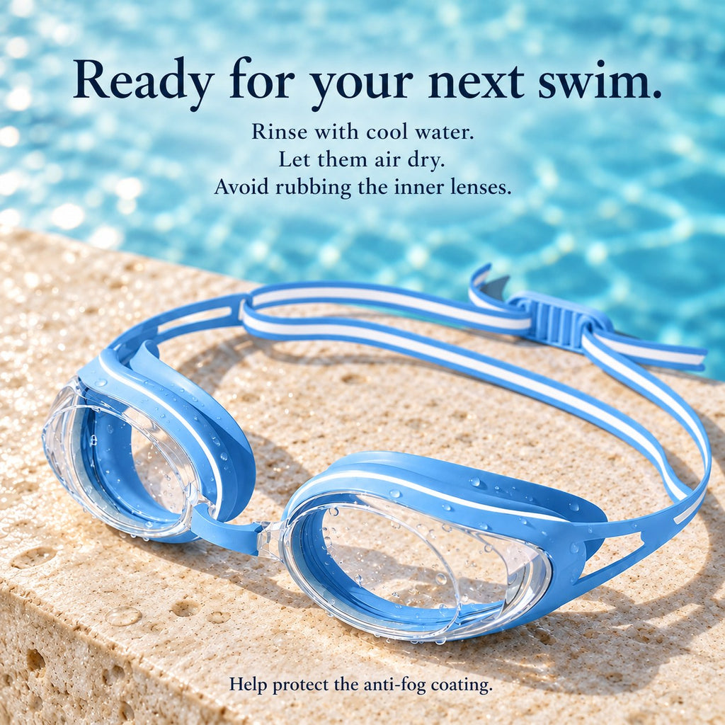 Swimming goggle rinsing, drying and lens-care guidance