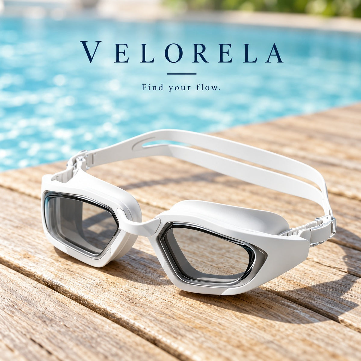 White goggles beside the pool on a wooden deck