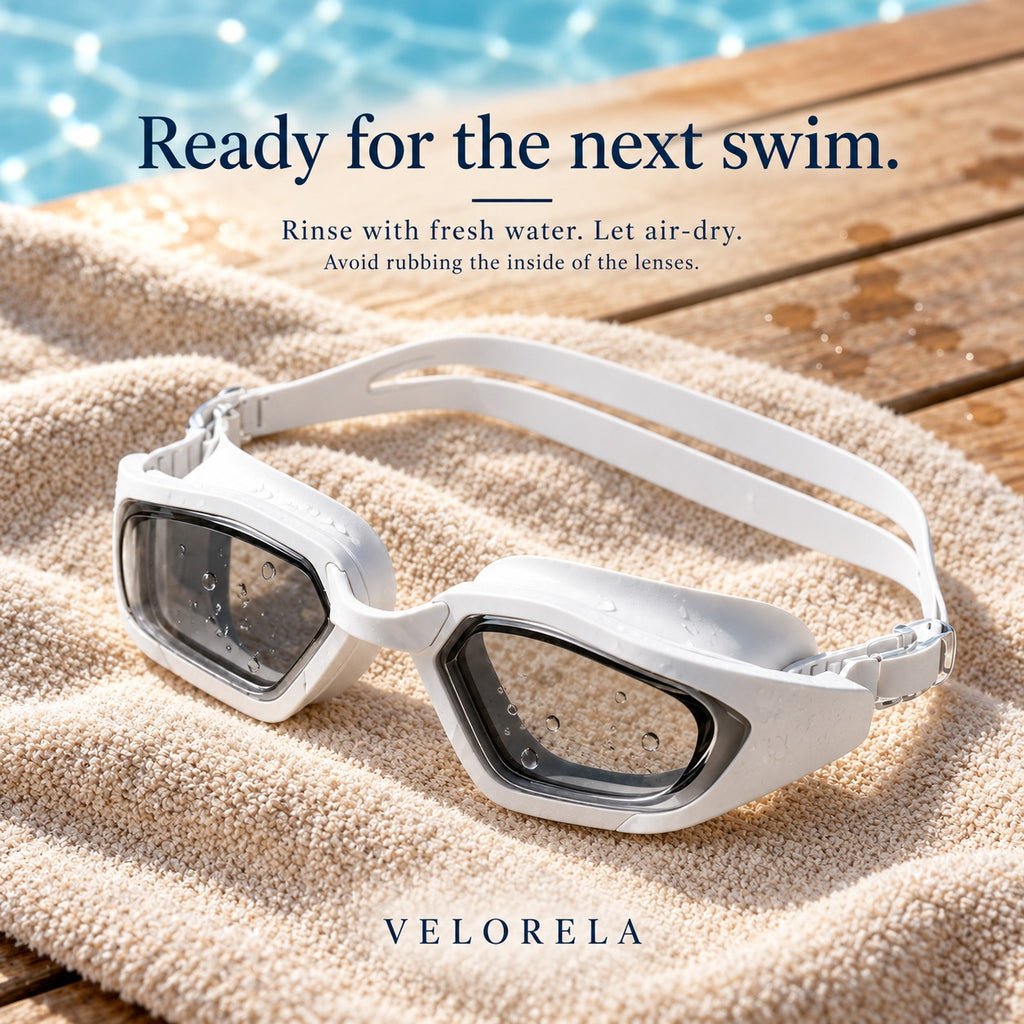 White goggles with rinsing and drying care guidance