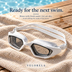 White goggles with rinsing and drying care guidance