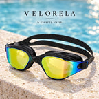 Velorela adult swimming goggles, Black / Gold, photographed at poolside.