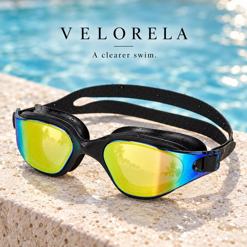 Velorela adult swimming goggles, Black / Gold, photographed at poolside.