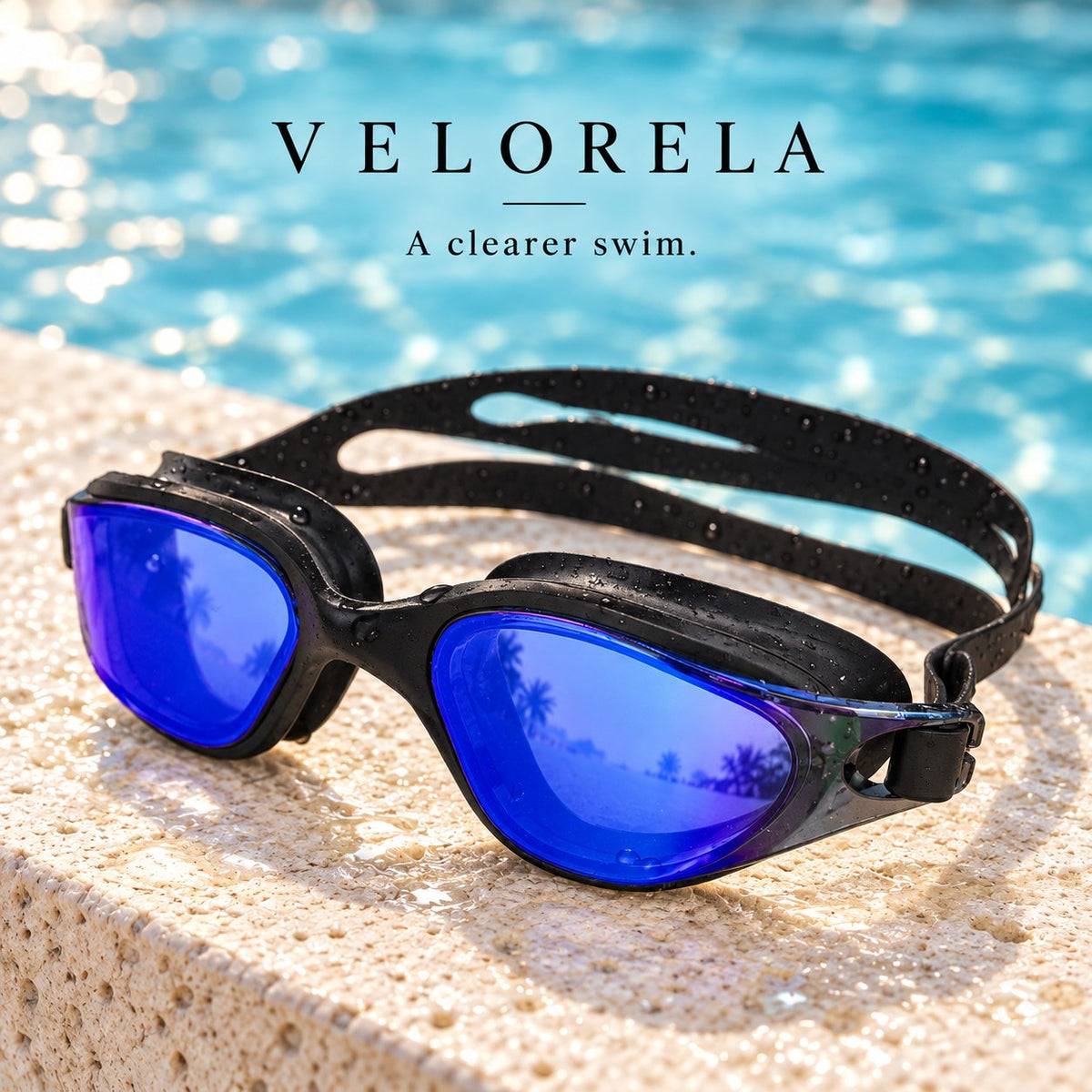 Velorela adult swimming goggles, Black / Blue, photographed at poolside.