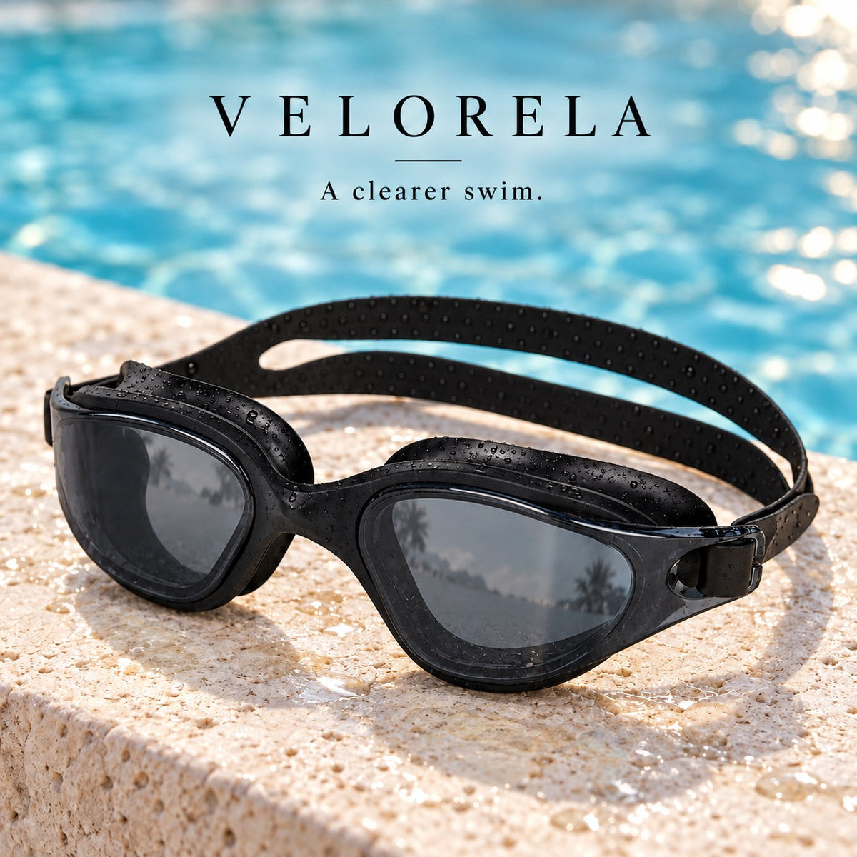 Velorela adult swimming goggles, Black / Smoke, photographed at poolside.