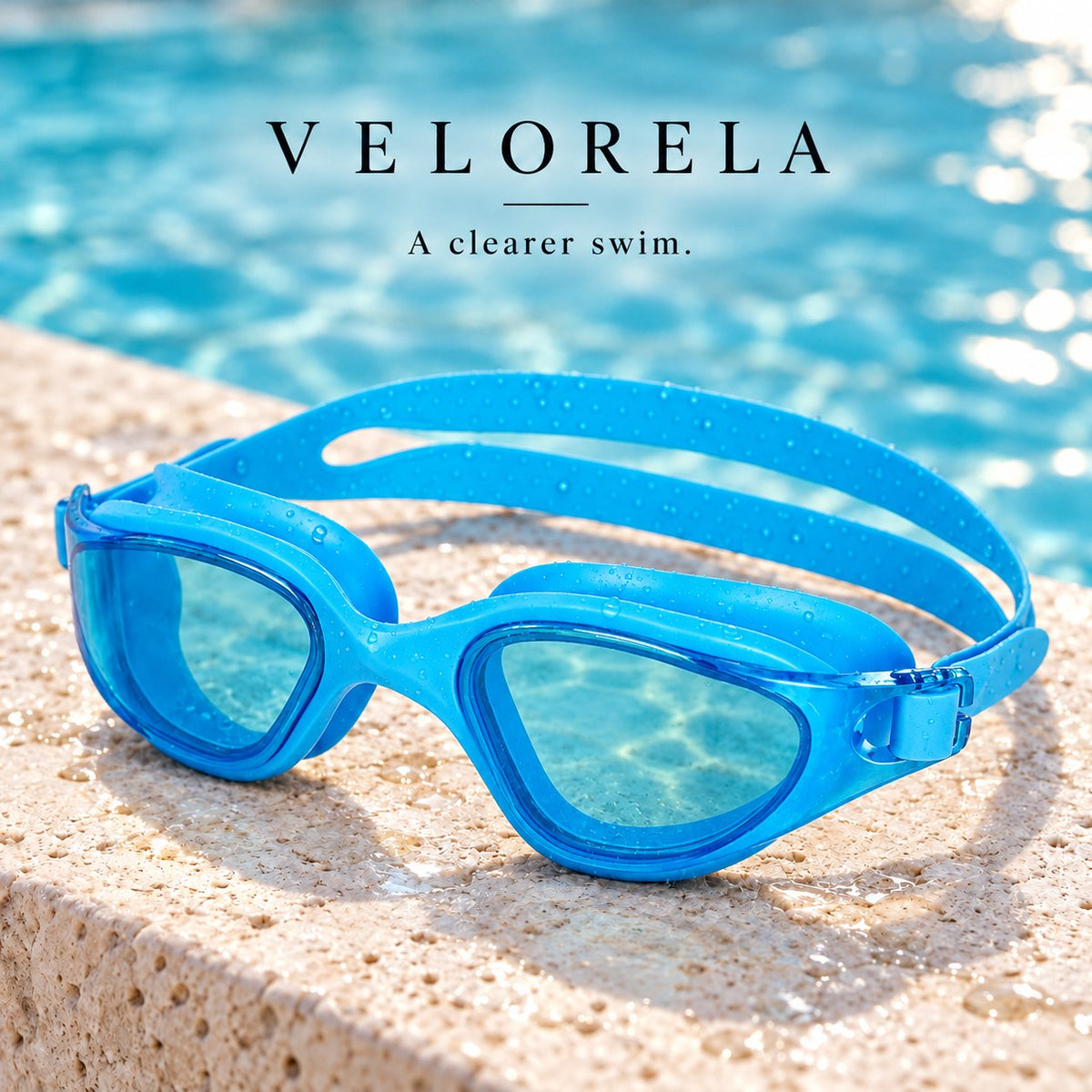 Velorela adult swimming goggles, Blue / Clear, photographed at poolside.