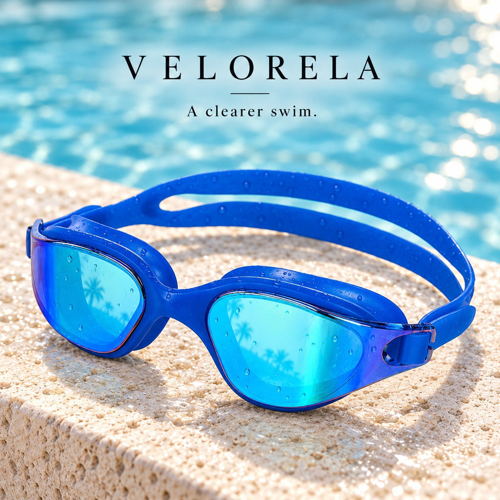 Velorela adult swimming goggles, Blue / Blue, photographed at poolside.