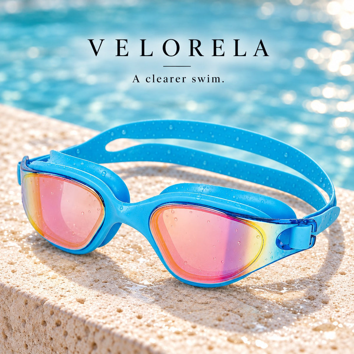Velorela adult swimming goggles, Light Blue / Purple, photographed at poolside.