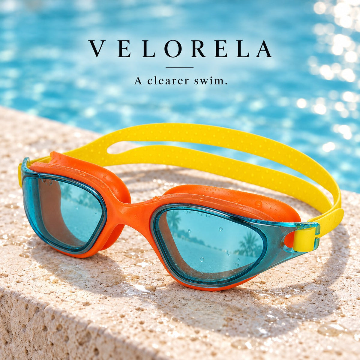 Velorela adult swimming goggles, Orange / Teal, photographed at poolside.
