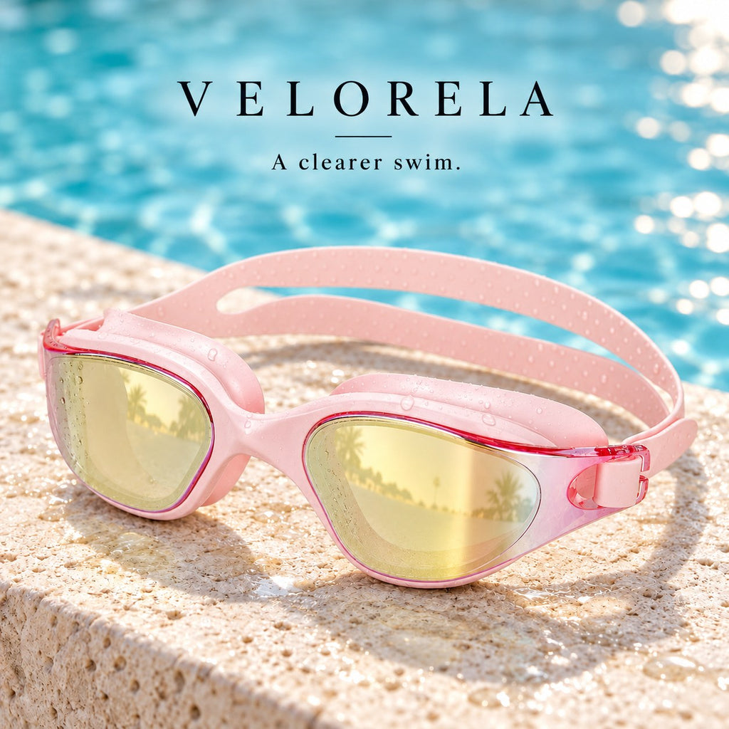 Velorela adult swimming goggles, Pink / Gold, photographed at poolside.
