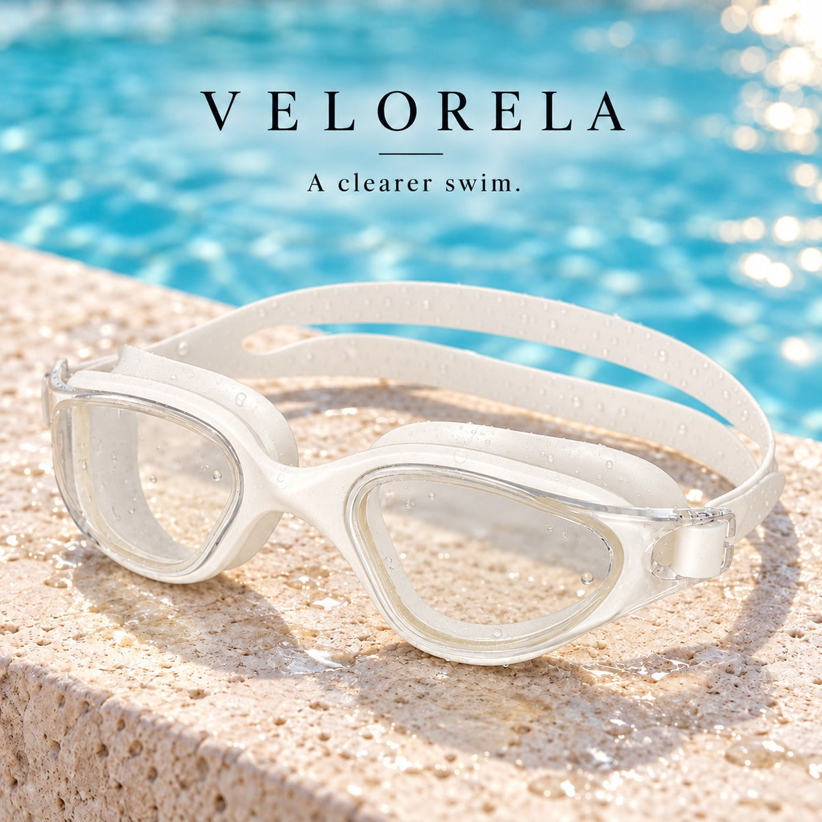 Velorela adult swimming goggles, White / Clear, photographed at poolside.