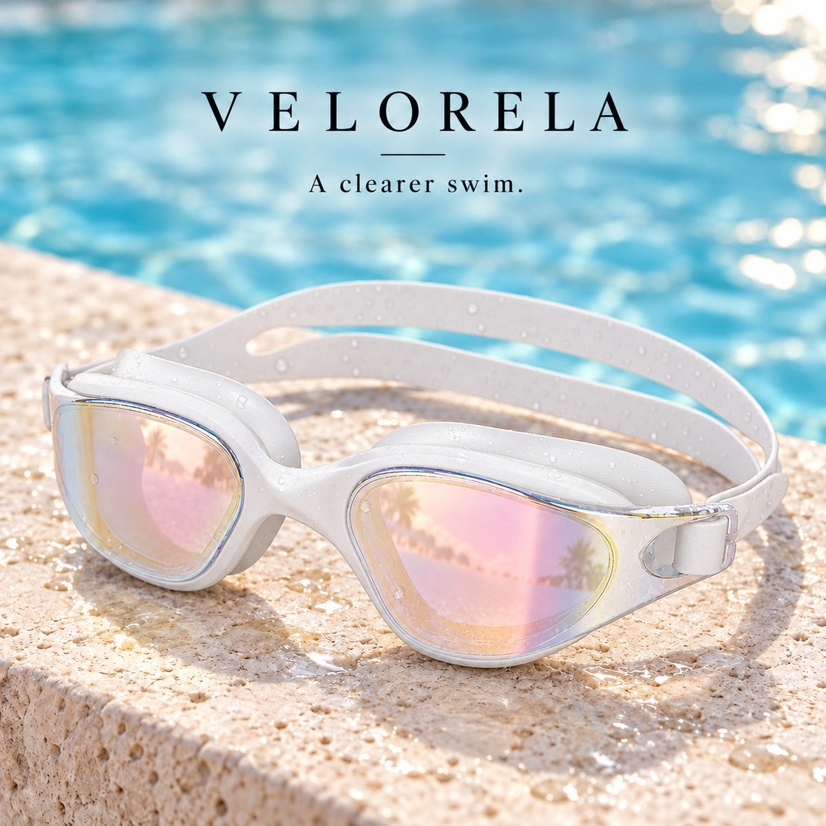 Velorela adult swimming goggles, White / Iridescent, photographed at poolside.