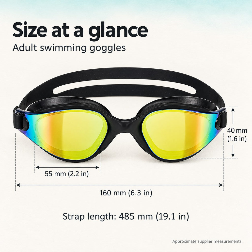 Adult swimming goggles size guide: 160 mm frame width, 55 mm lens width, 40 mm lens height, 485 mm strap length.