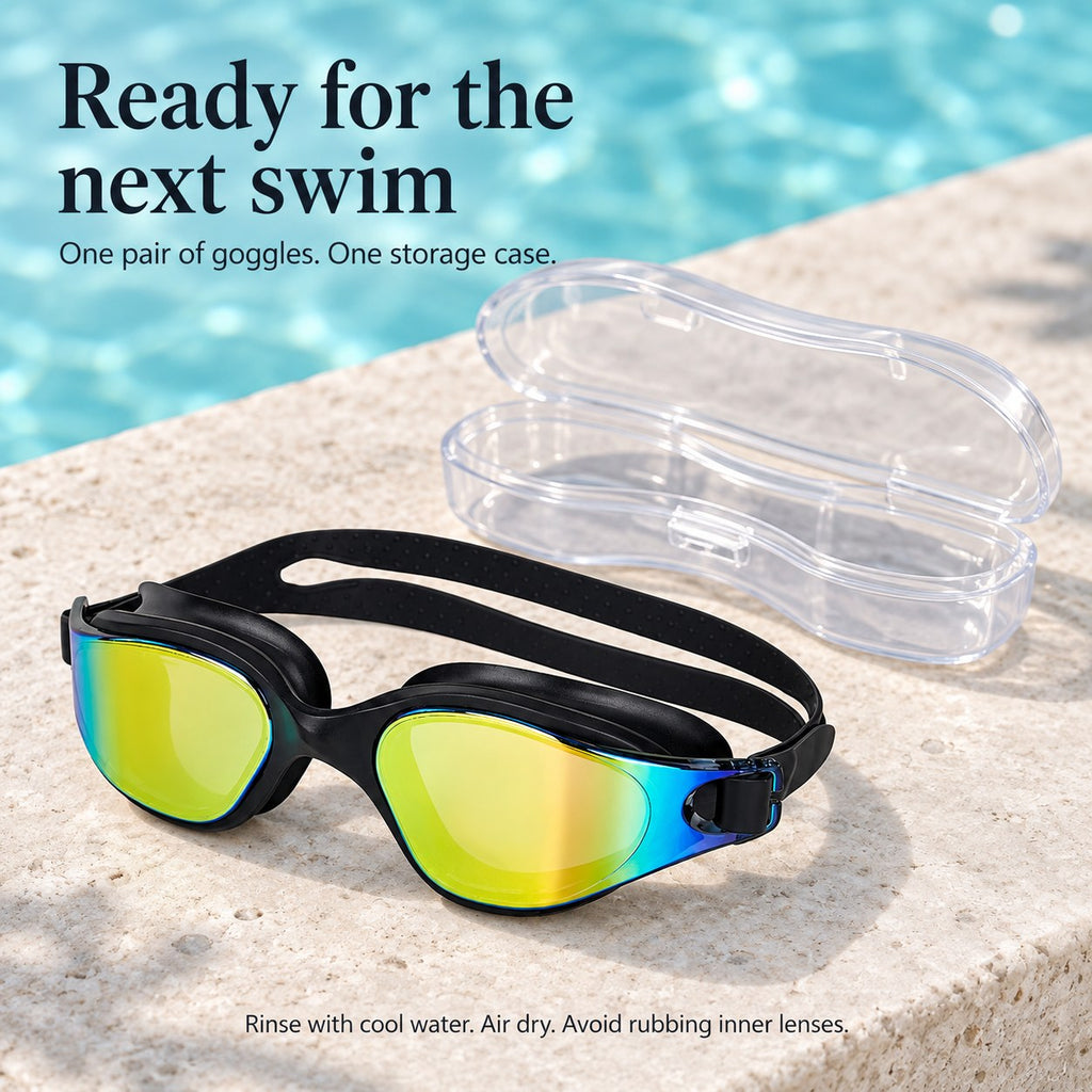 One pair of black and gold swimming goggles with the included transparent storage case and care instructions.