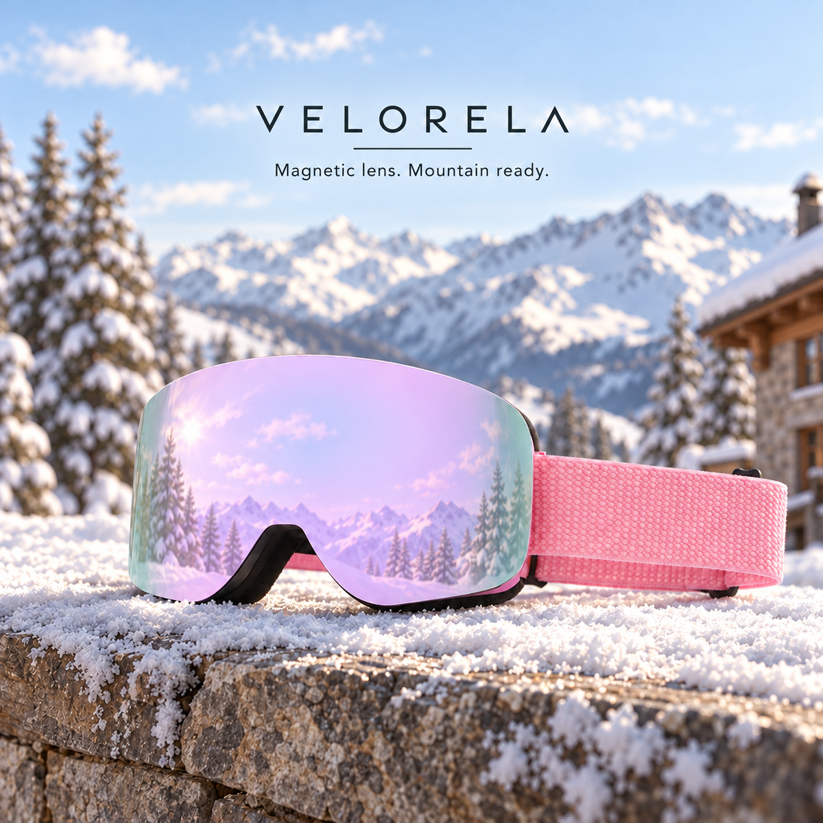 Velorela solid-strap snow goggles — Pink Frame / Purple Lens