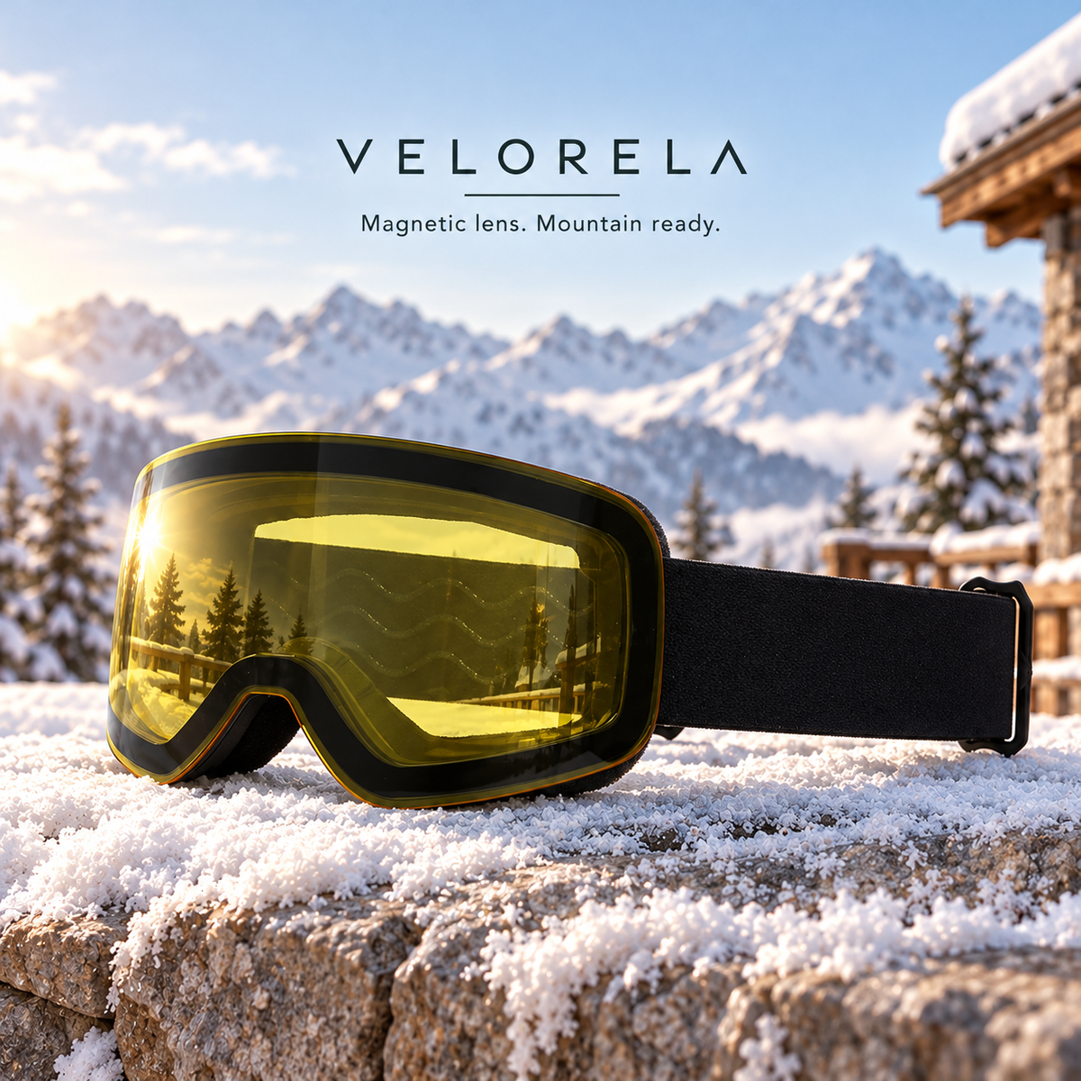 Velorela solid-strap snow goggles — Black Frame / Yellow Lens