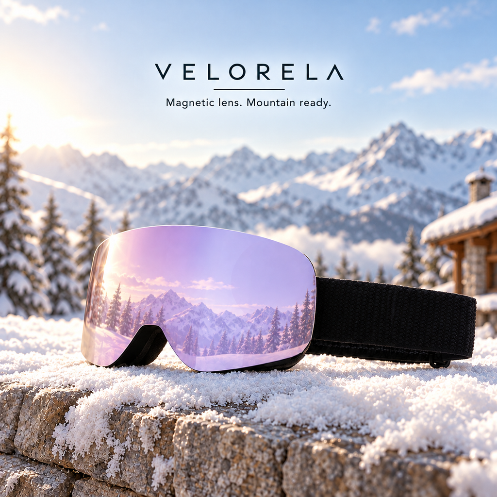 Velorela solid-strap snow goggles — Black Frame / Purple Lens