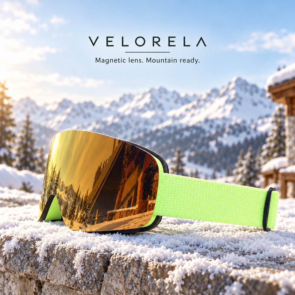 Velorela solid-strap snow goggles — Green Frame / Gold Lens