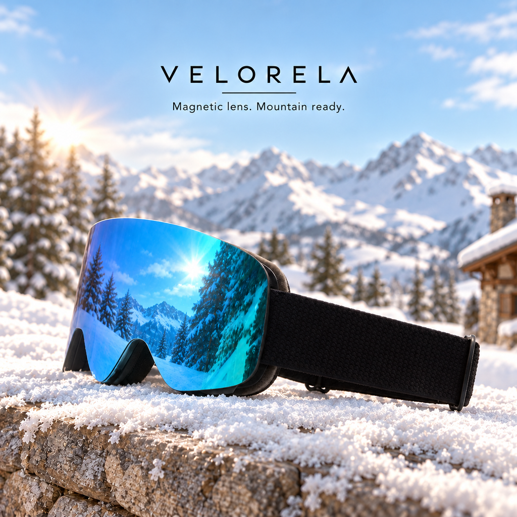 Velorela solid-strap snow goggles — Black Frame / Blue Lens