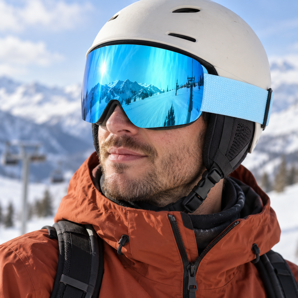 Skier wearing blue mirrored snow goggles with a plain pale blue strap