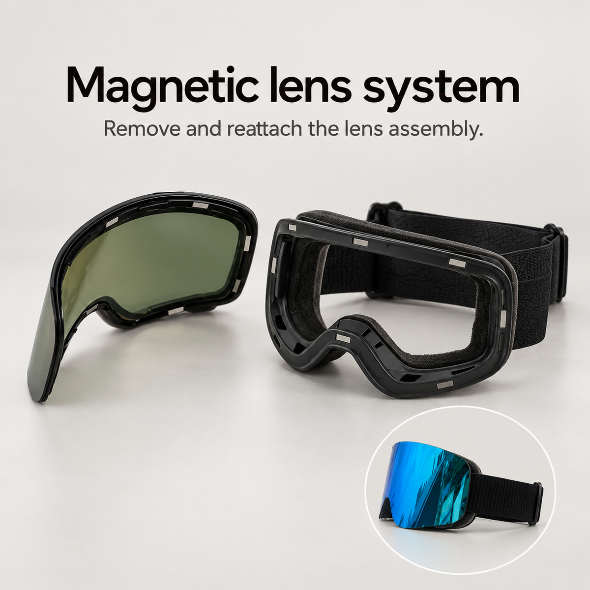 Black snow goggle frame beside one intact detached magnetic lens assembly