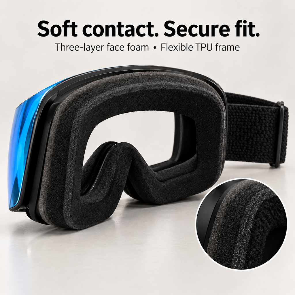 Rear view of black snow goggles showing three-layer face foam