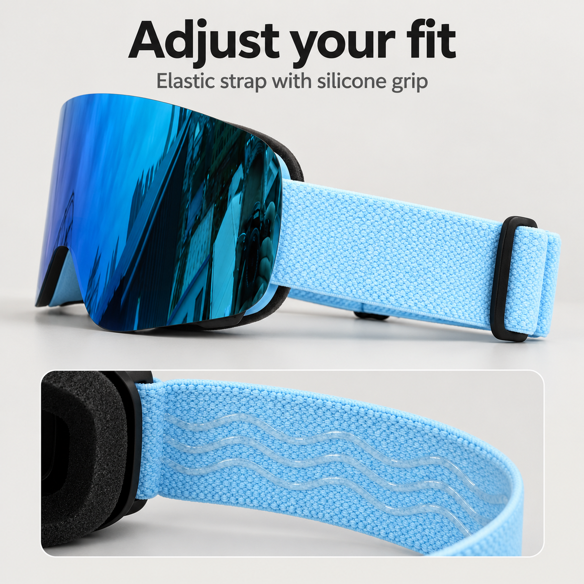 Pale blue adjustable goggle strap with inner silicone grip